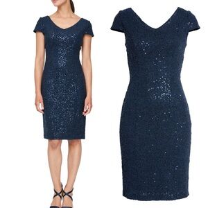 ALEX EVENINGS Sequin Corded Lace Cocktail Dress Navy SZ 4